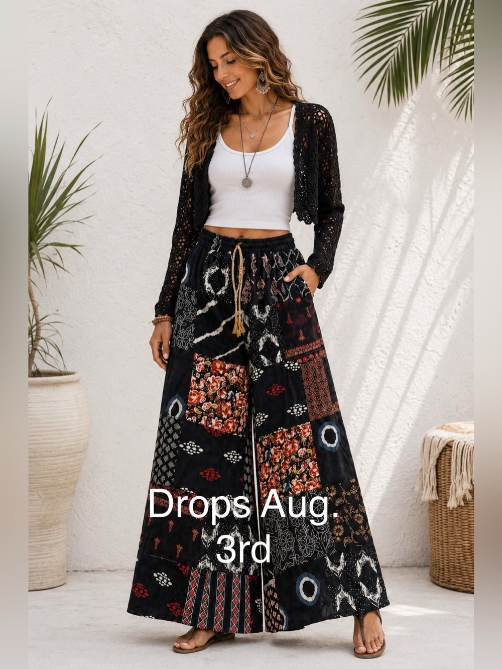 Boho Handmade Cotton/Rayon Patchwork Wide Leg Pants with Pockets O/S (fits most)